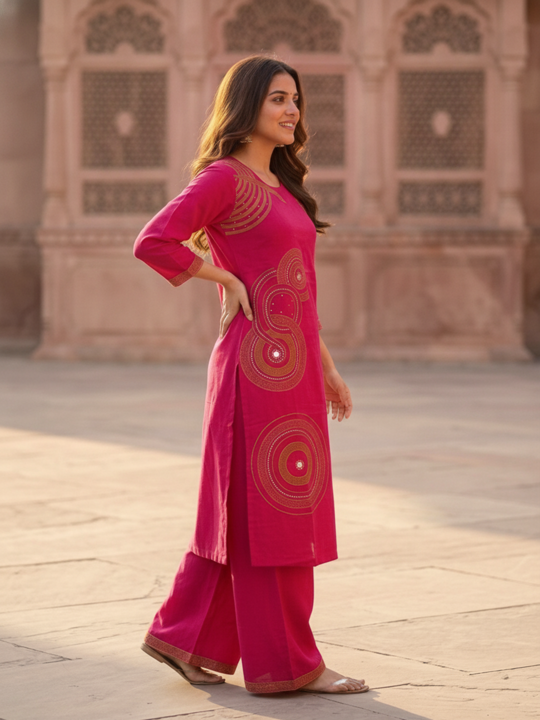 Magenta Solid Cotton Straight Kurta Set with Ethnic Embroidery, Flared Palazzo & Embroidered Dupatta