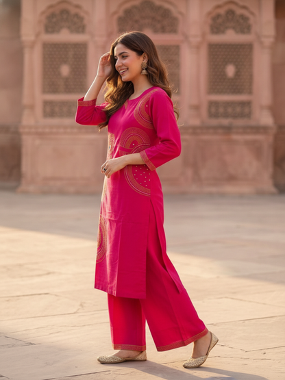 Magenta Solid Cotton Straight Kurta Set with Ethnic Embroidery, Flared Palazzo & Embroidered Dupatta
