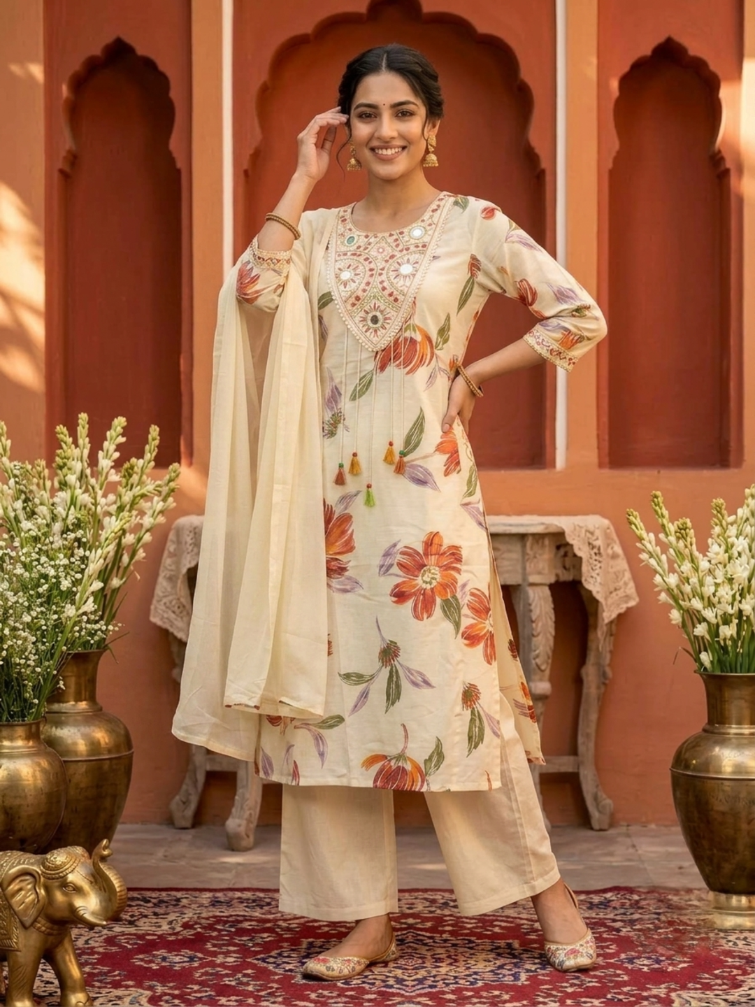 Cream Floral Print Cotton A-Line Pleated Kurta Set with Mirror Work, Embroidery, Pant & Embroidered Dupatta