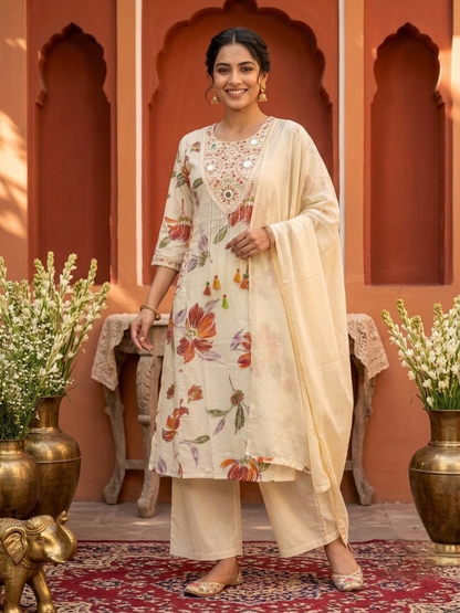 Cream Floral Print Cotton A-Line Pleated Kurta Set with Mirror Work, Embroidery, Pant & Embroidered Dupatta
