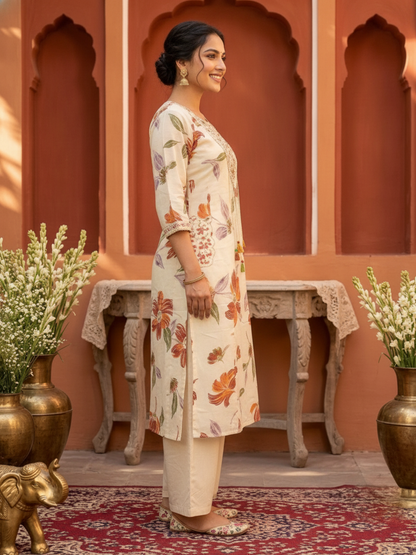 Cream Floral Print Cotton A-Line Pleated Kurta Set with Mirror Work, Embroidery, Pant & Embroidered Dupatta