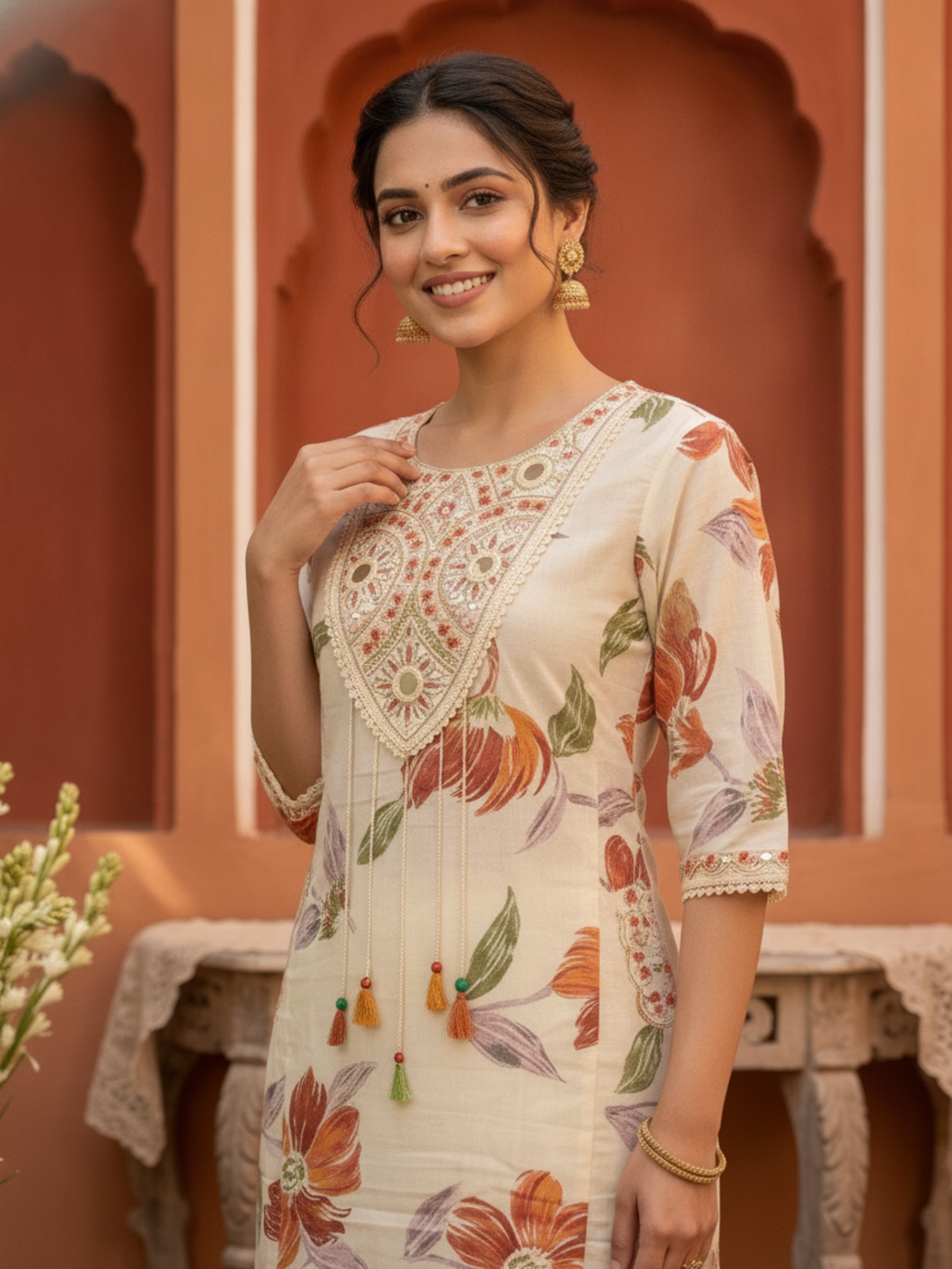 Cream Floral Print Cotton A-Line Pleated Kurta Set with Mirror Work, Embroidery, Pant & Embroidered Dupatta