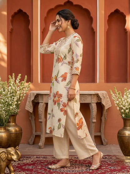 Cream Floral Print Cotton A-Line Pleated Kurta Set with Mirror Work, Embroidery, Pant & Embroidered Dupatta
