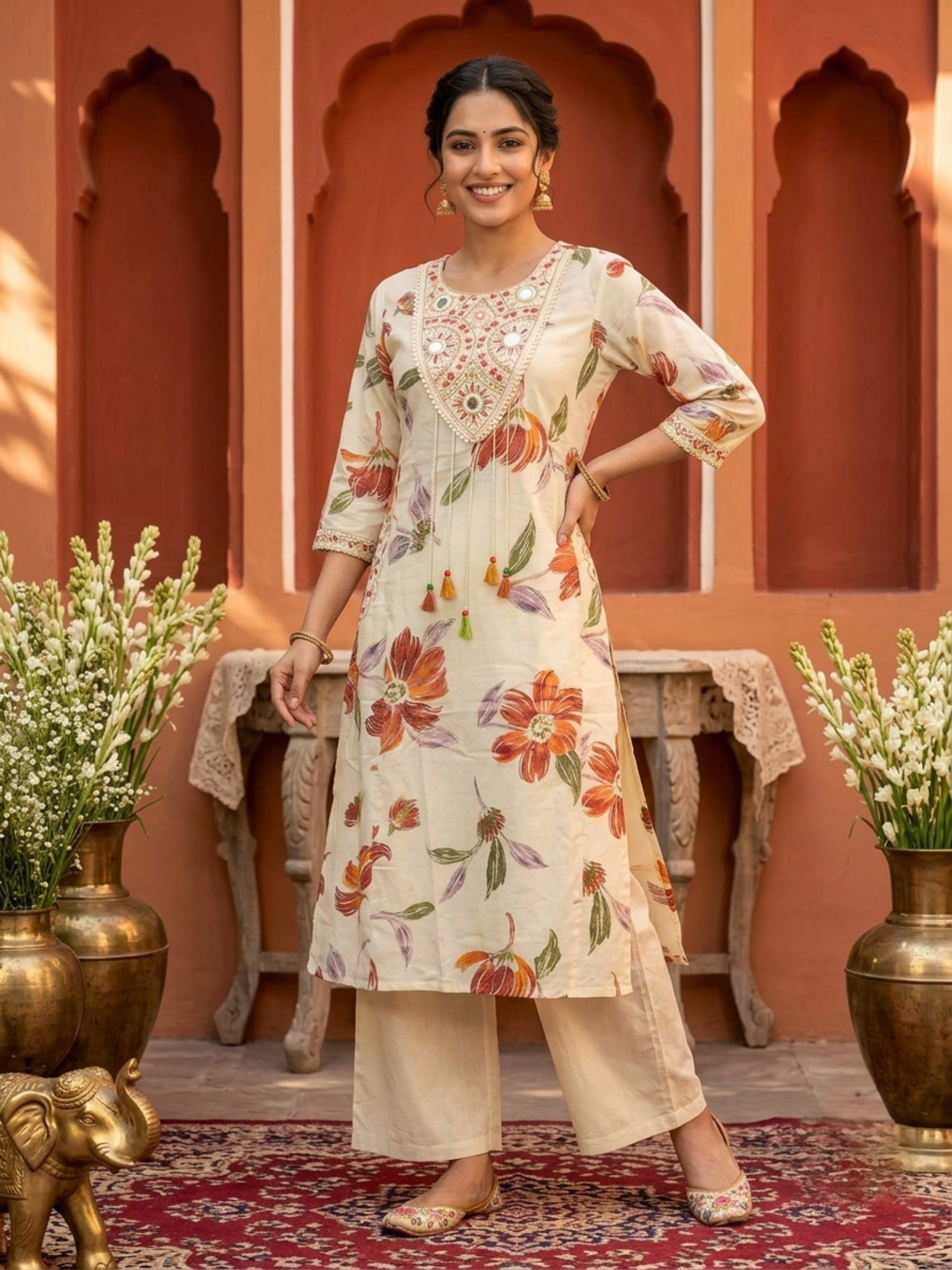 Cream Floral Print Cotton A-Line Pleated Kurta Set with Mirror Work, Embroidery, Pant & Embroidered Dupatta