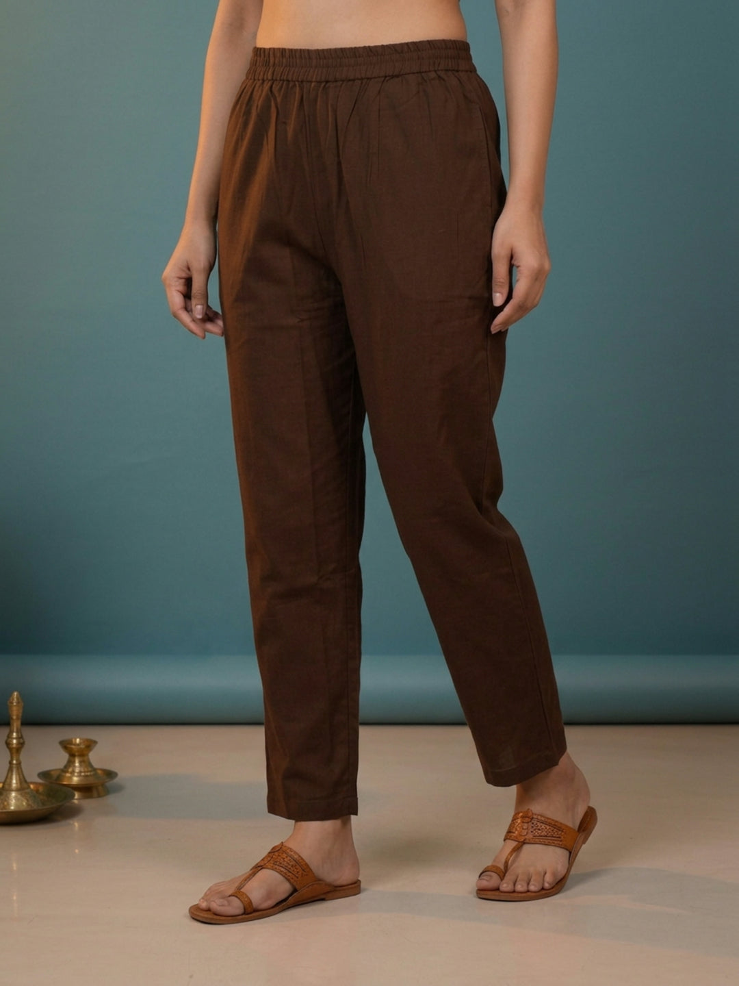 Dark Brown Solid Cotton A-Line Kurta Set with Floral Mirror Embroidery, V-Neck, Pant & Embroidered Dupatta