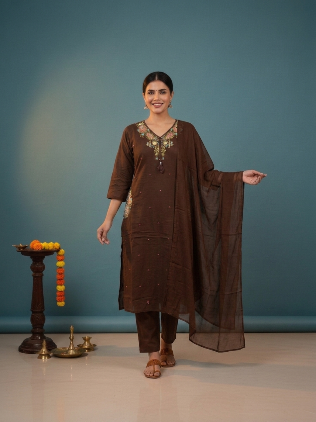 Dark Brown Solid Cotton A-Line Kurta Set with Floral Mirror Embroidery, V-Neck, Pant & Embroidered Dupatta