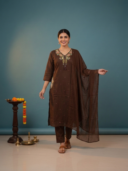 Dark Brown Solid Cotton A-Line Kurta Set with Floral Mirror Embroidery, V-Neck, Pant & Embroidered Dupatta