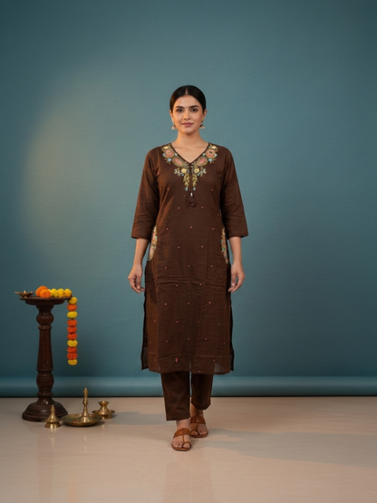 Dark Brown Solid Cotton A-Line Kurta Set with Floral Mirror Embroidery, V-Neck, Pant & Embroidered Dupatta