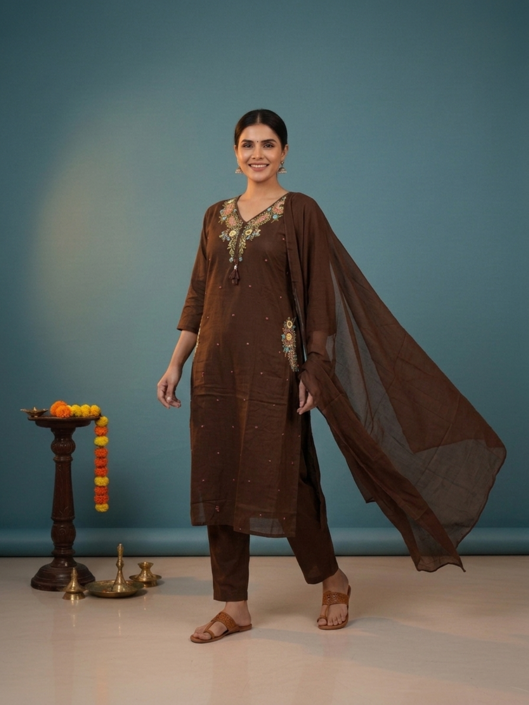 Dark Brown Solid Cotton A-Line Kurta Set with Floral Mirror Embroidery, V-Neck, Pant & Embroidered Dupatta