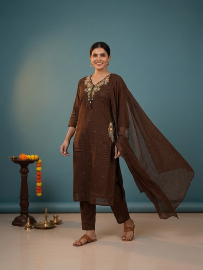 Dark Brown Solid Cotton A-Line Kurta Set with Floral Mirror Embroidery, V-Neck, Pant & Embroidered Dupatta