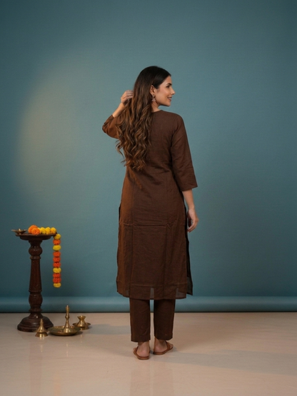 Dark Brown Solid Cotton A-Line Kurta Set with Floral Mirror Embroidery, V-Neck, Pant & Embroidered Dupatta