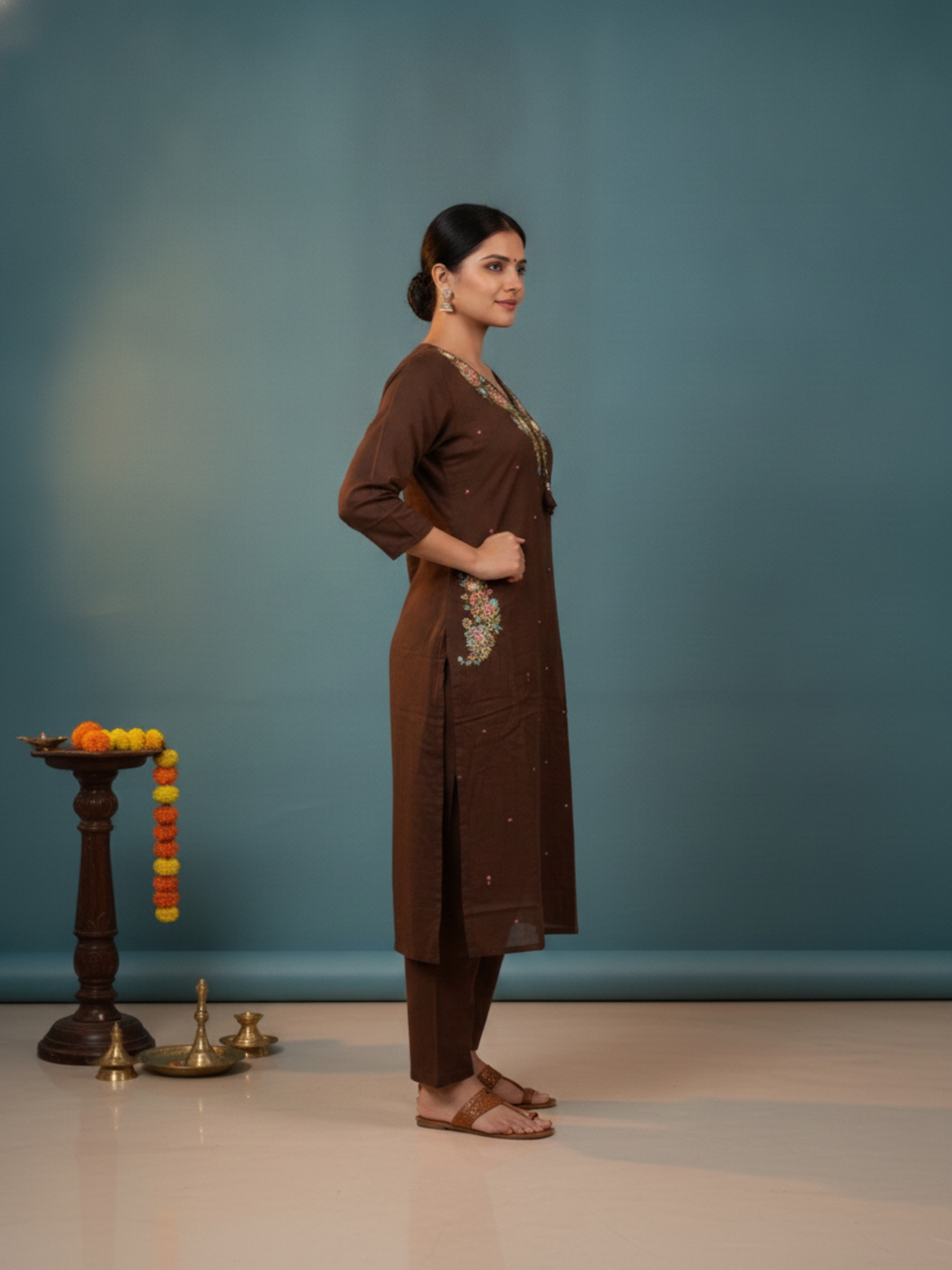 Dark Brown Solid Cotton A-Line Kurta Set with Floral Mirror Embroidery, V-Neck, Pant & Embroidered Dupatta