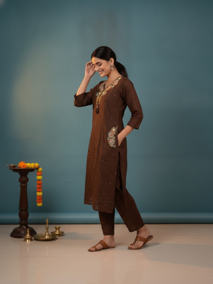 Dark Brown Solid Cotton A-Line Kurta Set with Floral Mirror Embroidery, V-Neck, Pant & Embroidered Dupatta