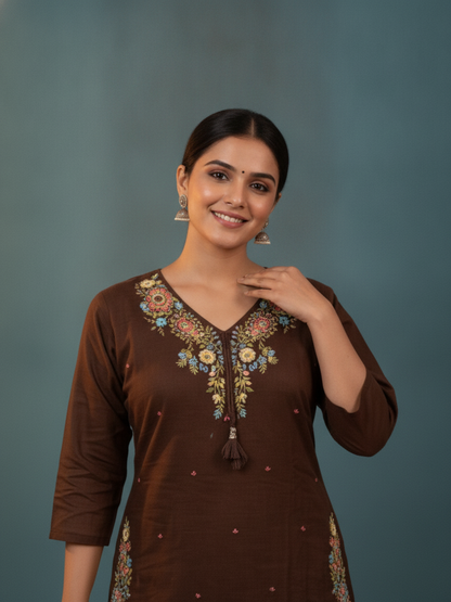 Dark Brown Solid Cotton A-Line Kurta Set with Floral Mirror Embroidery, V-Neck, Pant & Embroidered Dupatta