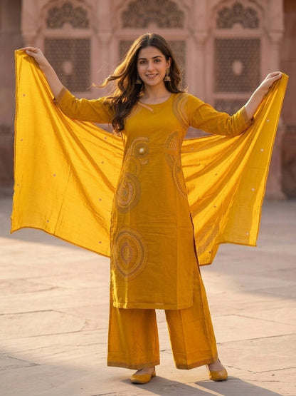 Mustard Yellow Solid Cotton Straight Kurta Set with Ethnic Embroidery, Flared Palazzo & Embroidered Dupatta