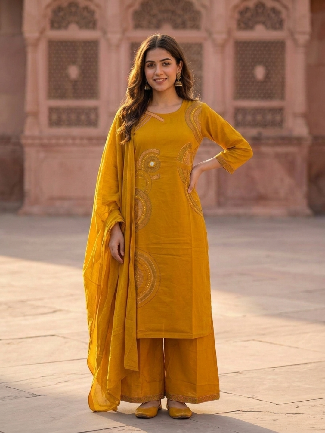 Mustard Yellow Solid Cotton Straight Kurta Set with Ethnic Embroidery, Flared Palazzo & Embroidered Dupatta
