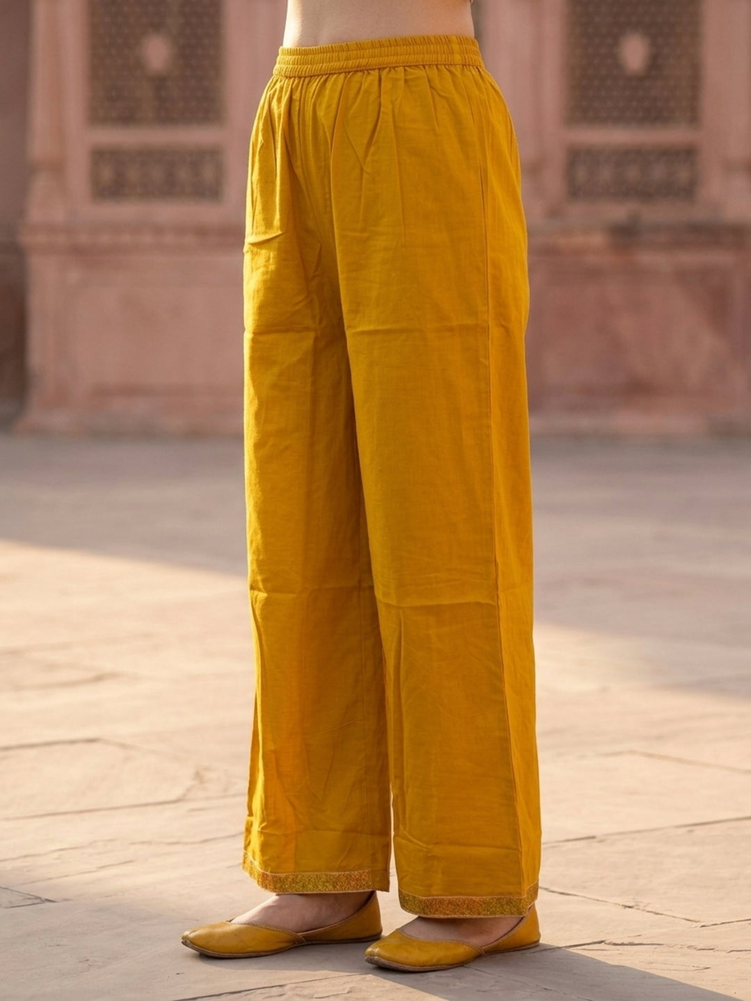 Mustard Yellow Solid Cotton Straight Kurta Set with Ethnic Embroidery, Flared Palazzo & Embroidered Dupatta