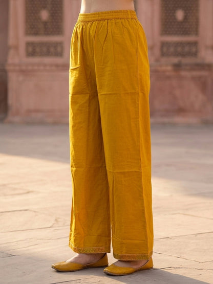 Mustard Yellow Solid Cotton Straight Kurta Set with Ethnic Embroidery, Flared Palazzo & Embroidered Dupatta