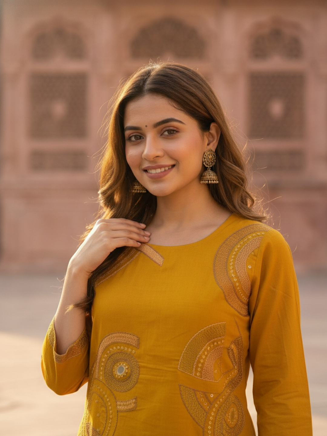 Mustard Yellow Solid Cotton Straight Kurta Set with Ethnic Embroidery, Flared Palazzo & Embroidered Dupatta