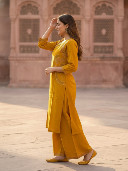 Mustard Yellow Solid Cotton Straight Kurta Set with Ethnic Embroidery, Flared Palazzo & Embroidered Dupatta