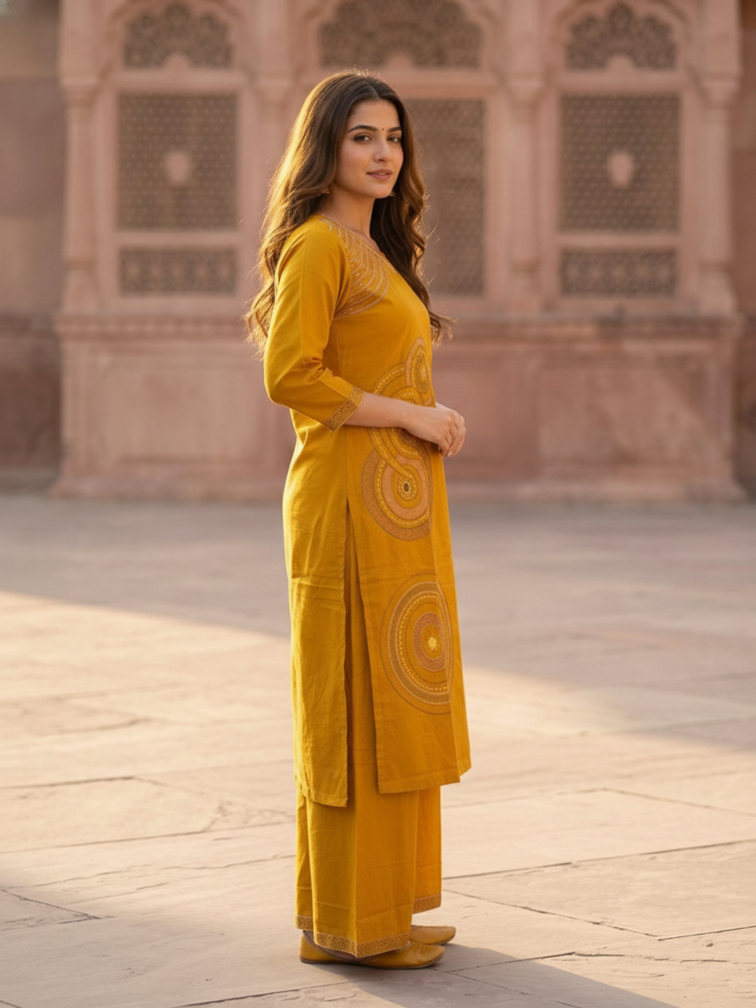 Mustard Yellow Solid Cotton Straight Kurta Set with Ethnic Embroidery, Flared Palazzo & Embroidered Dupatta