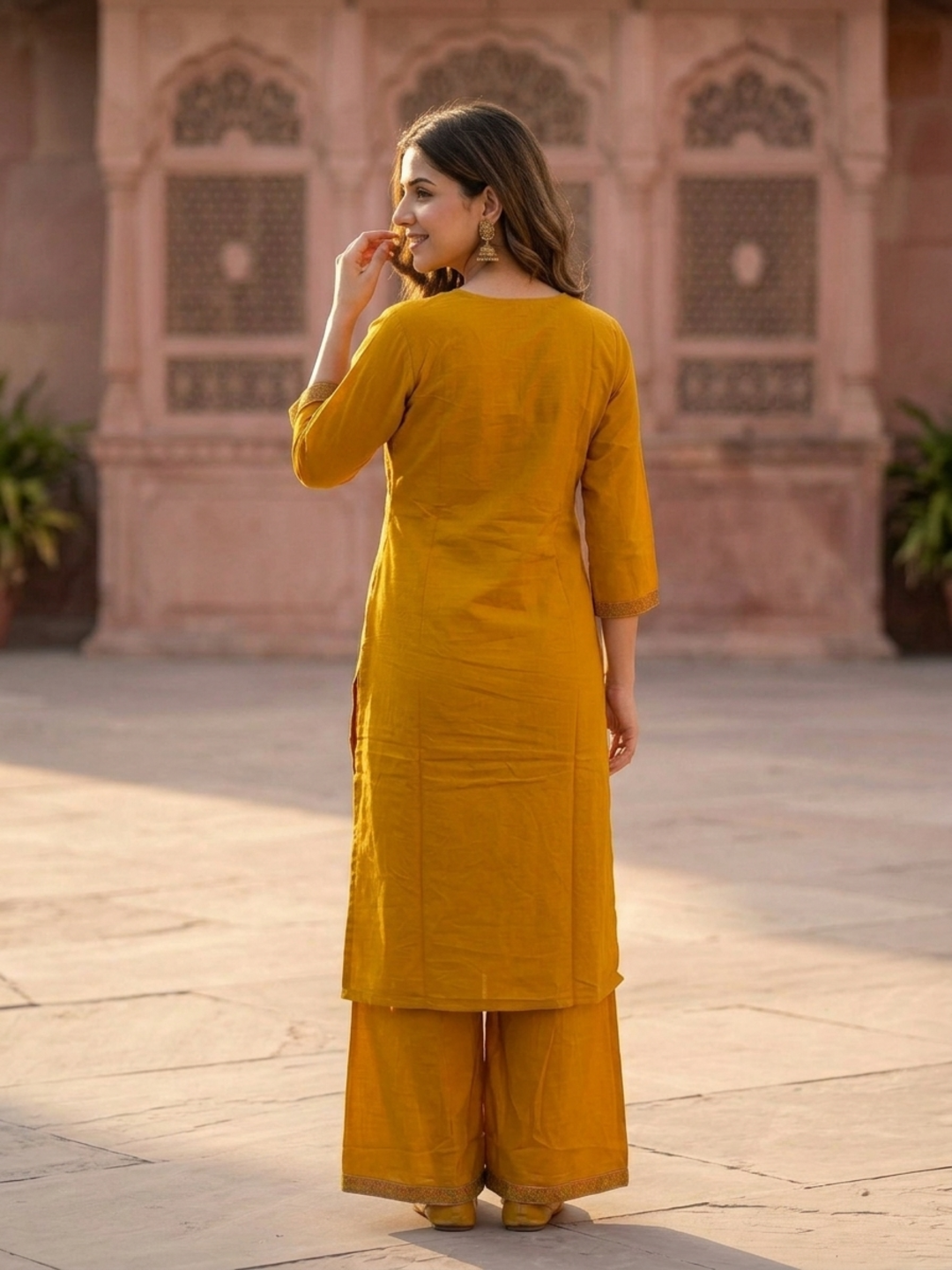 Mustard Yellow Solid Cotton Straight Kurta Set with Ethnic Embroidery, Flared Palazzo & Embroidered Dupatta