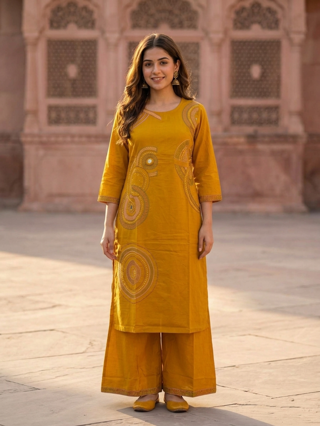 Mustard Yellow Solid Cotton Straight Kurta Set with Ethnic Embroidery, Flared Palazzo & Embroidered Dupatta