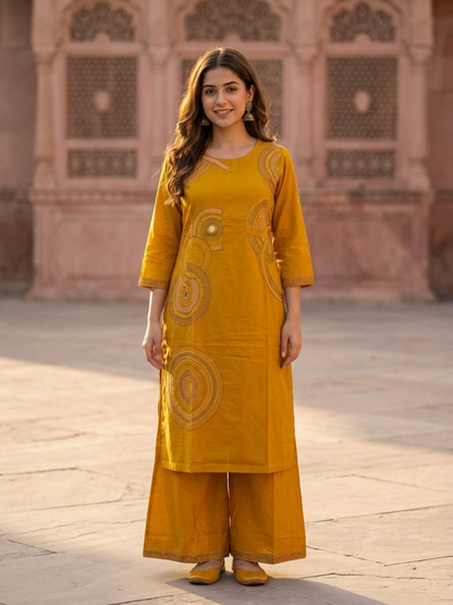Mustard Yellow Solid Cotton Straight Kurta Set with Ethnic Embroidery, Flared Palazzo & Embroidered Dupatta