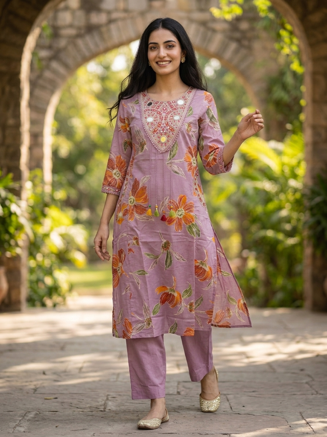 Lavender Floral Print Cotton A-Line Pleated Kurta Set with Mirror Work, Embroidery, Pant & Embroidered Dupatta