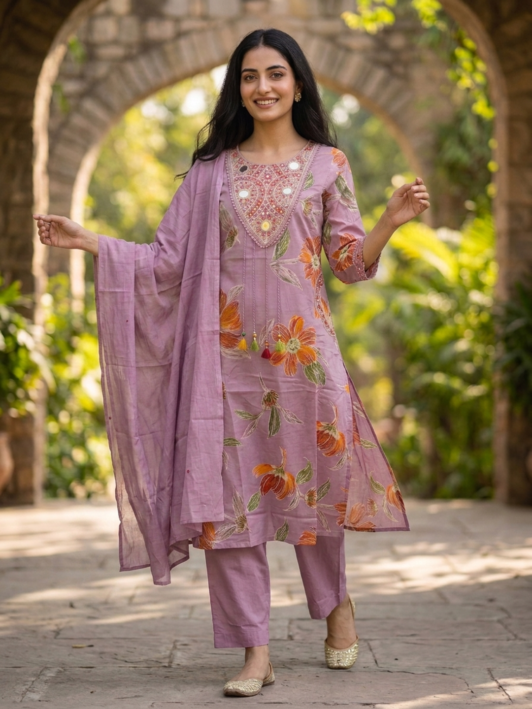 Lavender Floral Print Cotton A-Line Pleated Kurta Set with Mirror Work, Embroidery, Pant & Embroidered Dupatta