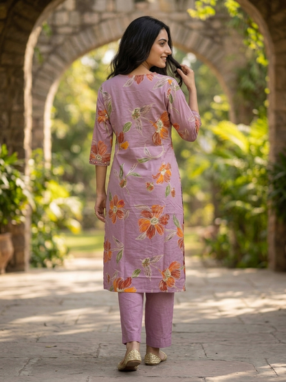 Lavender Floral Print Cotton A-Line Pleated Kurta Set with Mirror Work, Embroidery, Pant & Embroidered Dupatta