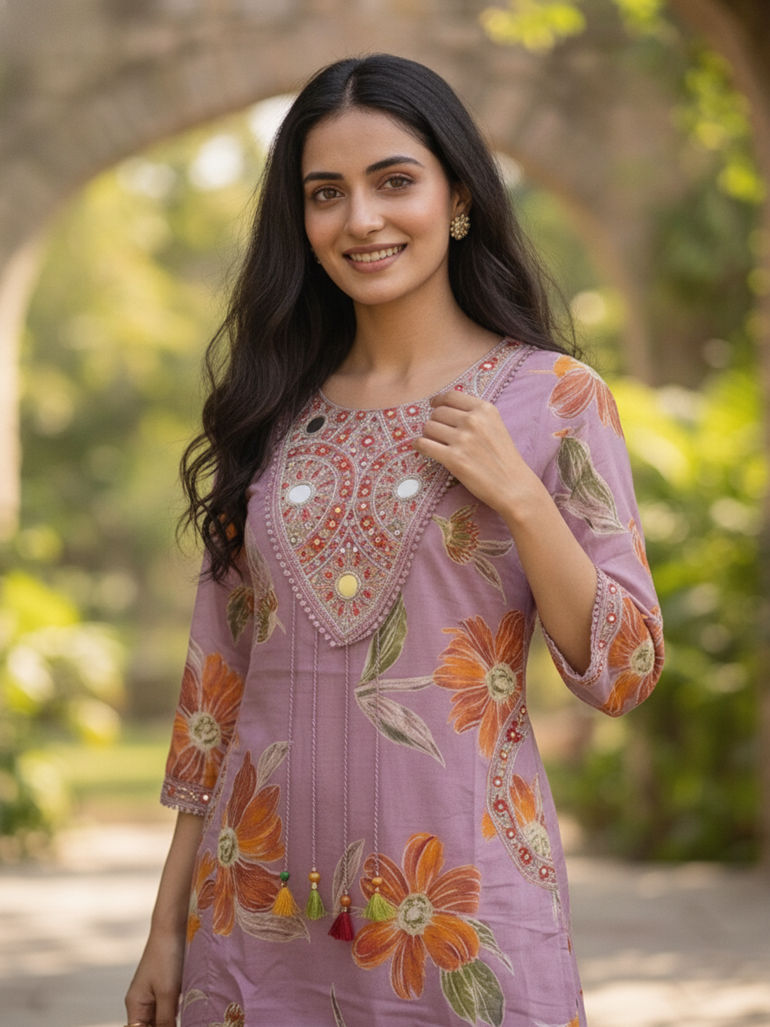 Lavender Floral Print Cotton A-Line Pleated Kurta Set with Mirror Work, Embroidery, Pant & Embroidered Dupatta