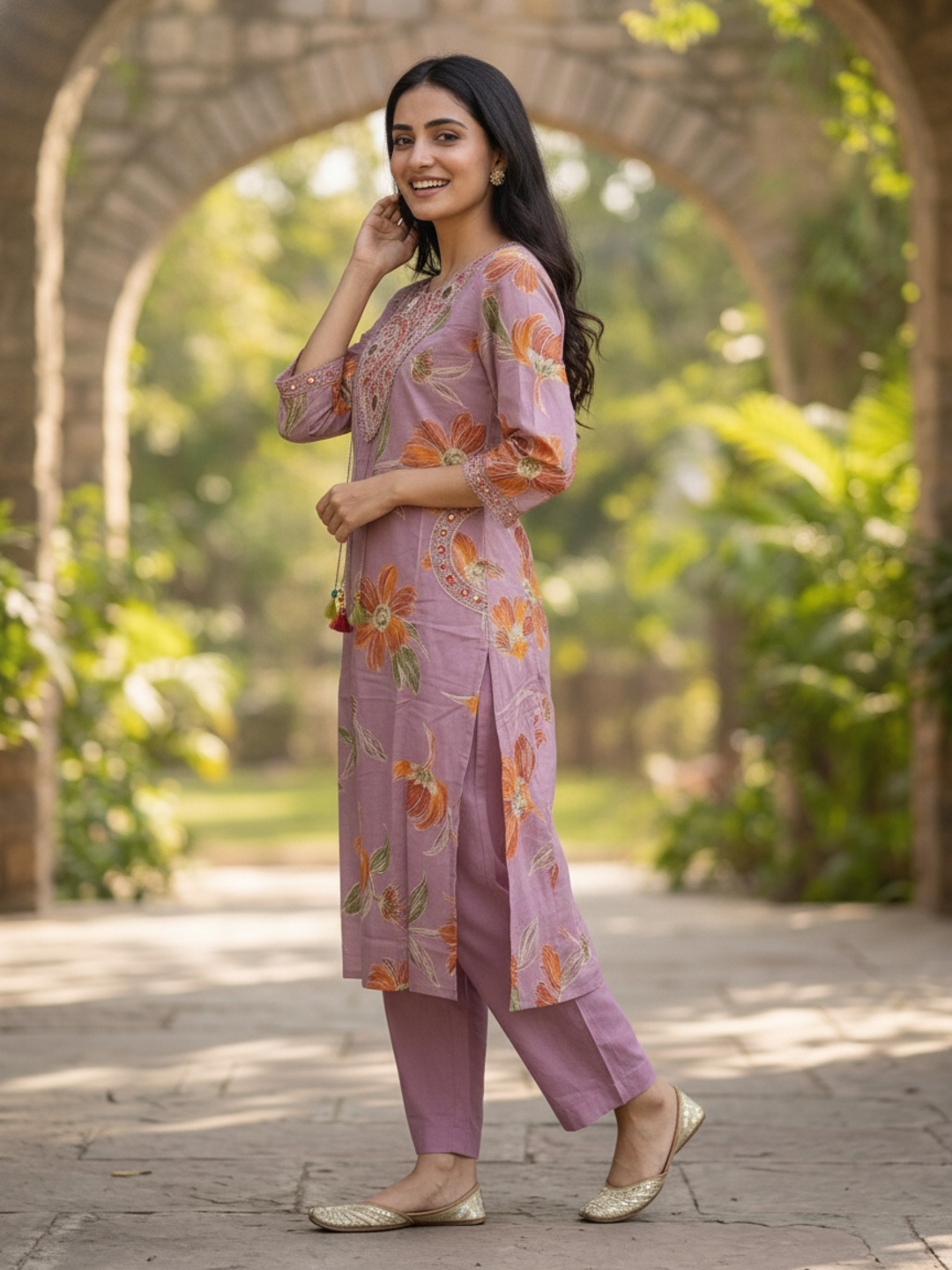 Lavender Floral Print Cotton A-Line Pleated Kurta Set with Mirror Work, Embroidery, Pant & Embroidered Dupatta