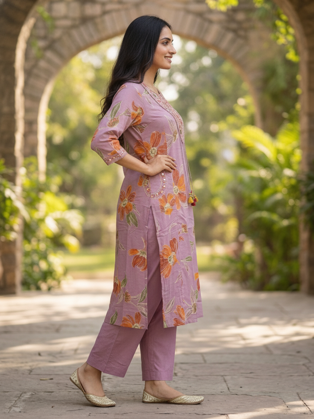 Lavender Floral Print Cotton A-Line Pleated Kurta Set with Mirror Work, Embroidery, Pant & Embroidered Dupatta