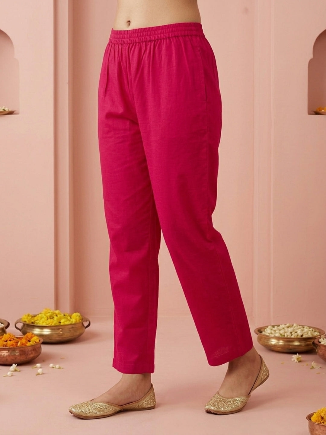 Fuchsia Solid Cotton A-Line Kurta Set with Floral Mirror Embroidery, V-Neck, Pant & Embroidered Dupatta