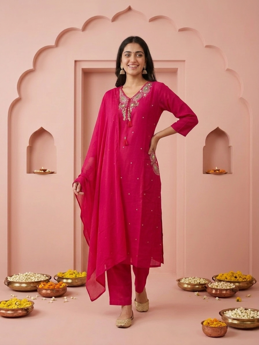 Fuchsia Solid Cotton A-Line Kurta Set with Floral Mirror Embroidery, V-Neck, Pant & Embroidered Dupatta