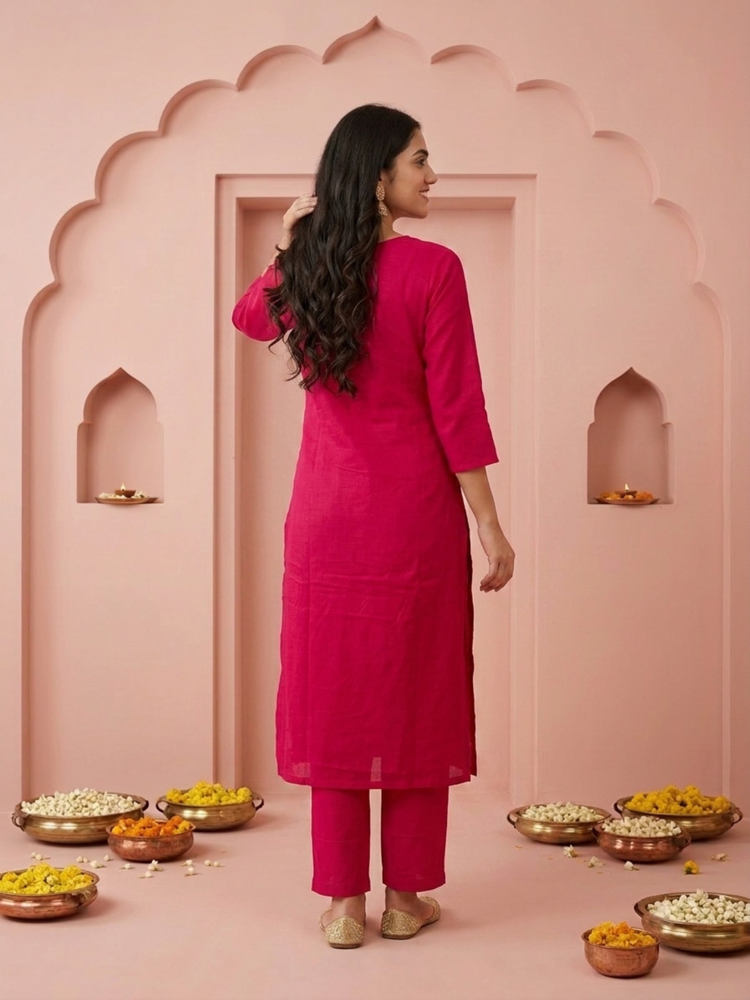 Fuchsia Solid Cotton A-Line Kurta Set with Floral Mirror Embroidery, V-Neck, Pant & Embroidered Dupatta