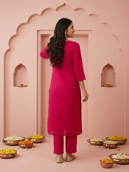 Fuchsia Solid Cotton A-Line Kurta Set with Floral Mirror Embroidery, V-Neck, Pant & Embroidered Dupatta