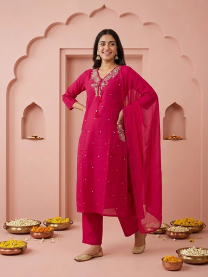 Fuchsia Solid Cotton A-Line Kurta Set with Floral Mirror Embroidery, V-Neck, Pant & Embroidered Dupatta