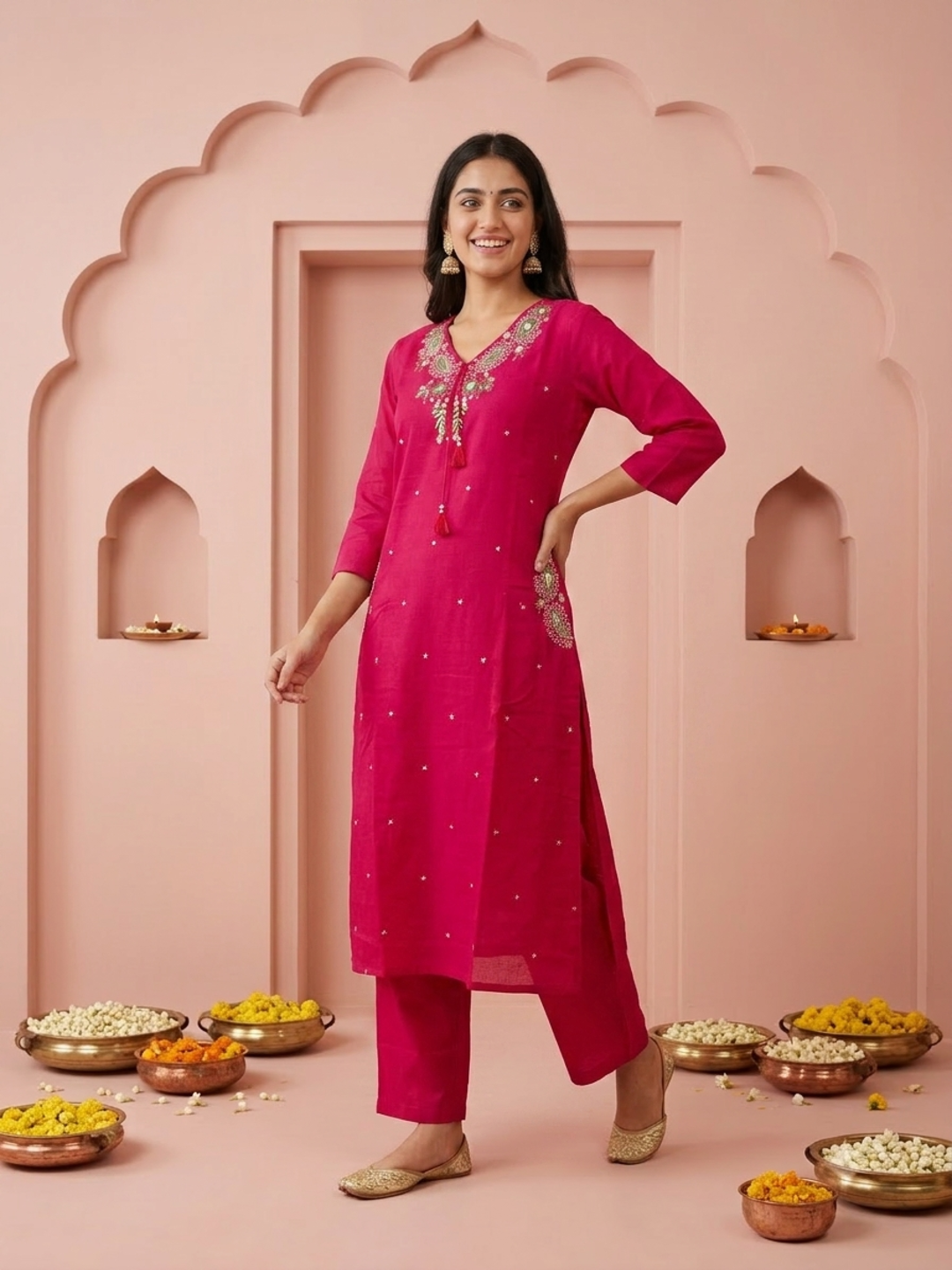 Fuchsia Solid Cotton A-Line Kurta Set with Floral Mirror Embroidery, V-Neck, Pant & Embroidered Dupatta