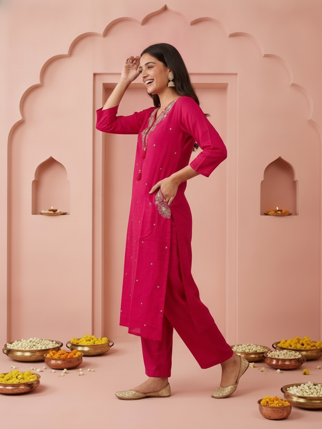 Fuchsia Solid Cotton A-Line Kurta Set with Floral Mirror Embroidery, V-Neck, Pant & Embroidered Dupatta