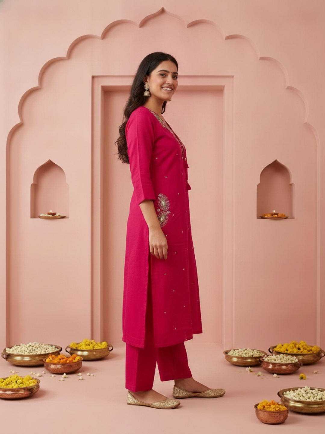 Fuchsia Solid Cotton A-Line Kurta Set with Floral Mirror Embroidery, V-Neck, Pant & Embroidered Dupatta