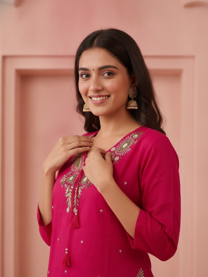 Fuchsia Solid Cotton A-Line Kurta Set with Floral Mirror Embroidery, V-Neck, Pant & Embroidered Dupatta