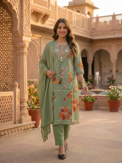 Sage Green Floral Print Cotton A-Line Pleated Kurta Set with Mirror Work, Embroidery, Pant & Embroidered Dupatta