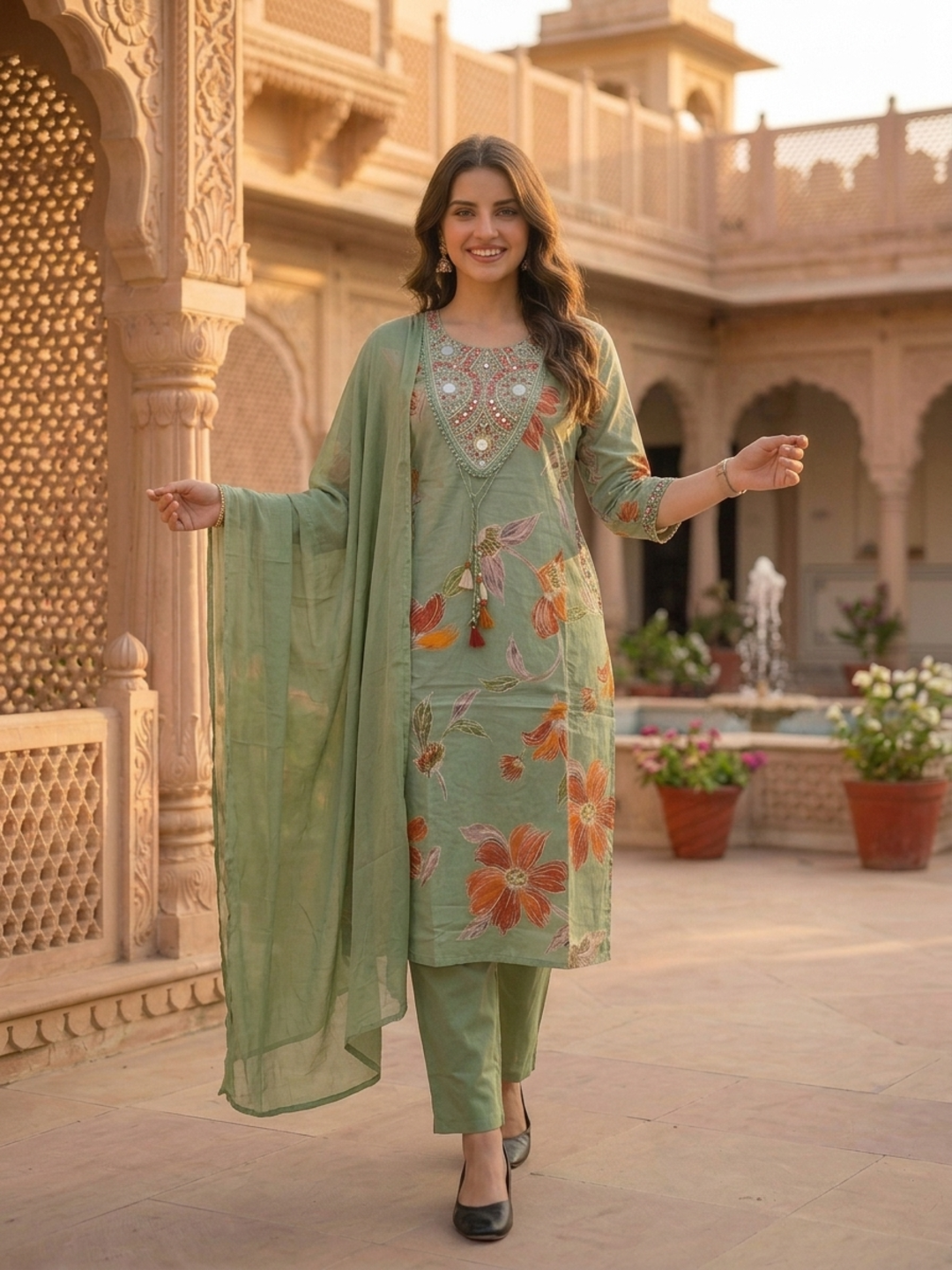 Sage Green Floral Print Cotton A-Line Pleated Kurta Set with Mirror Work, Embroidery, Pant & Embroidered Dupatta