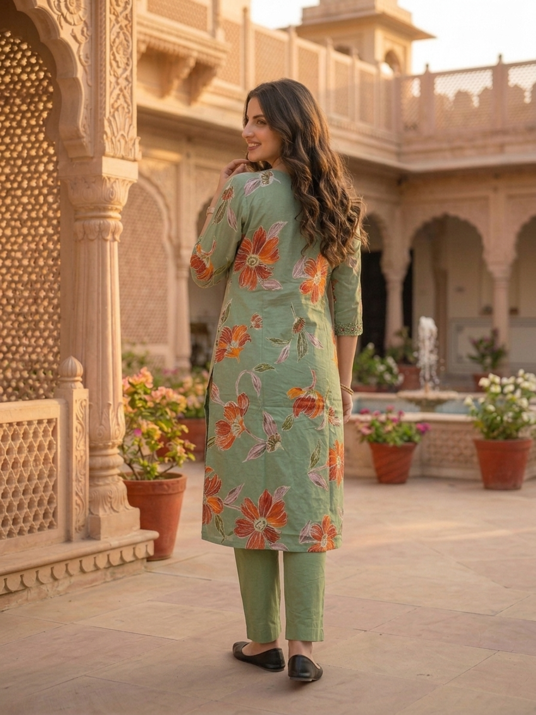 Sage Green Floral Print Cotton A-Line Pleated Kurta Set with Mirror Work, Embroidery, Pant & Embroidered Dupatta