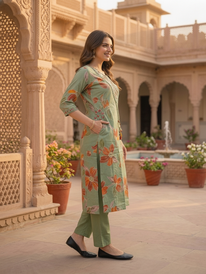 Sage Green Floral Print Cotton A-Line Pleated Kurta Set with Mirror Work, Embroidery, Pant & Embroidered Dupatta