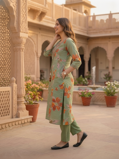 Sage Green Floral Print Cotton A-Line Pleated Kurta Set with Mirror Work, Embroidery, Pant & Embroidered Dupatta