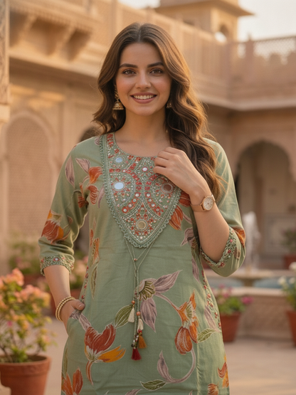 Sage Green Floral Print Cotton A-Line Pleated Kurta Set with Mirror Work, Embroidery, Pant & Embroidered Dupatta