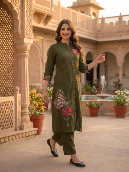 Olive Green Solid Cotton A-Line Co-ord Set with Floral Embroidery, Mandarin Collar & Palazzo